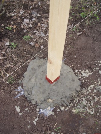 корректно установленные столбы заливаем бетонным раствором